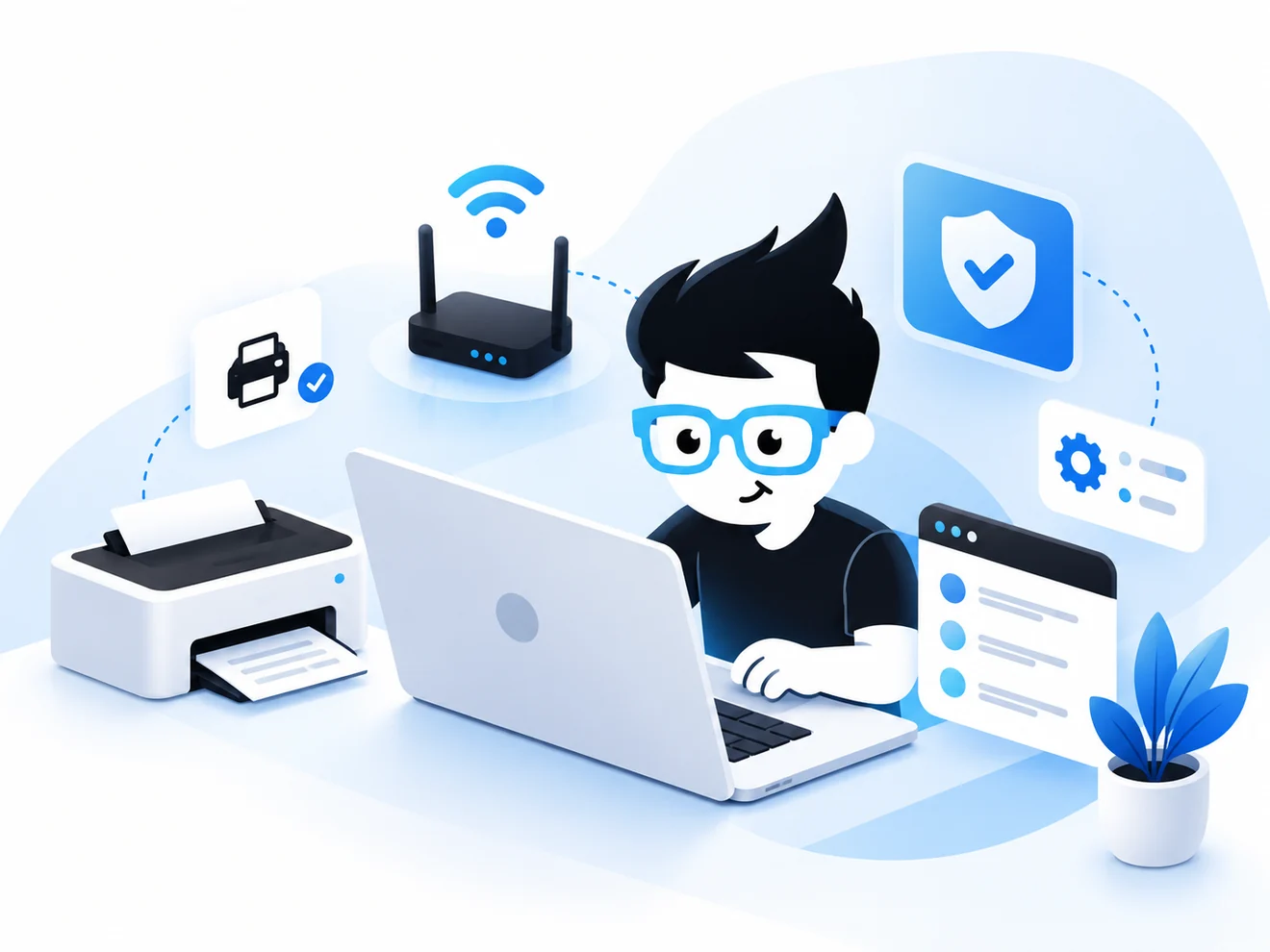 Illustration d'assistance informatique avec un ordinateur, une imprimante et un réseau Wi-Fi